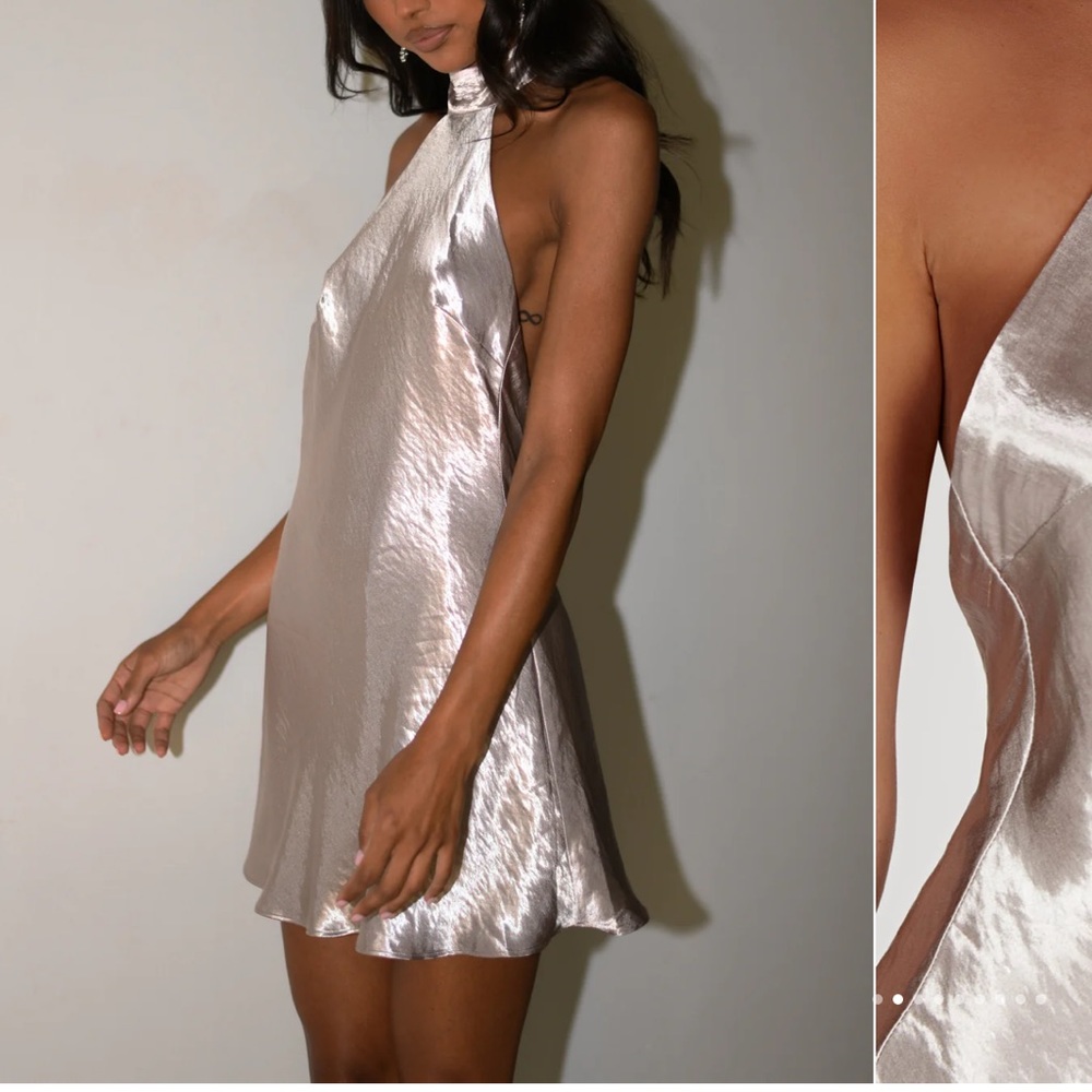 Meshki Silver Halterneck Satin Mini Dress